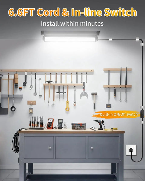 40W LED Shop Lights With 6 Foot Cord And Easy Switch 5400 Lumens Daylight 6000K Crankin Bright Plug In Garage Light For Garage Workbench And Warehouse Energy Saving Up To 80 Percent Wide 120 Degree Beam 2 Pack shown in a garage setting.