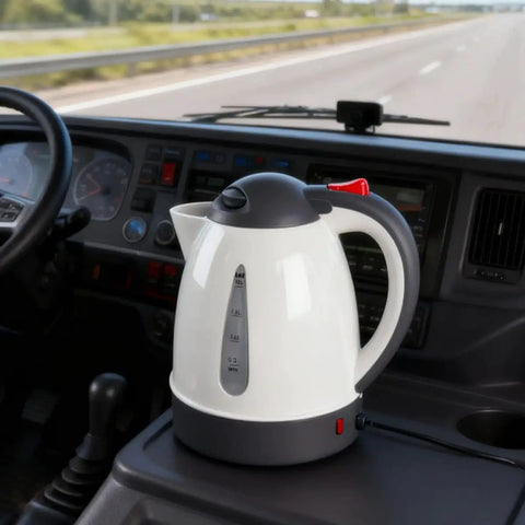 Heavy Duty 24V Electric Kettle For Trucks Built Like A Tank With Auto Shut Off 1 Liter Portable Water Heater on truck dashboard.