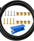 Beefed-Up 3000mm Hydraulic Disc Brake Hose Kit For Shimano BH59 BH90 Avid SRAM Magura Systems With 8 Olive Fittings, 8 Brass Inserts, And Blue Hose Cutter For Easy Mountain And Road Bike Repairs showing black hose, fittings, and cutter
