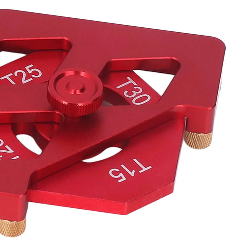 Heavy Duty Aluminum Router Template For Smooth Round Corners On Furniture And Woodworking Projects Rustproof Design close-up red aluminum fixture with clamping knobs.