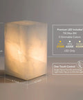 Natural Calcite Stone Table Lamp Handcrafted Solid Stone With Unique Crystal Texture Dimmable Led With Three Color Modes Modern Decorative Lamp For Bedroom And Living Room White Cuboid with lighting details.