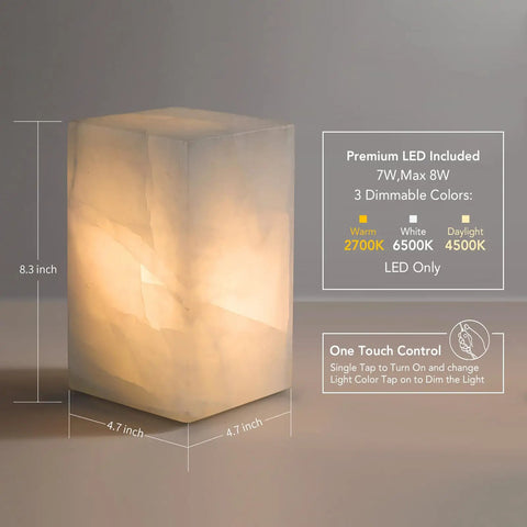 Natural Calcite Stone Table Lamp Handcrafted Solid Stone With Unique Crystal Texture Dimmable Led With Three Color Modes Modern Decorative Lamp For Bedroom And Living Room White Cuboid with lighting details.