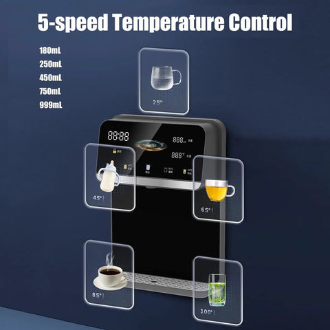 Wall Mounted Instant Hot And Cold Water Dispenser with Touch Screen displaying five temperature settings and drink icons.