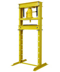 Tough As Nails 20 Ton Hydraulic Shop Press With Solid Steel H Frame Construction Perfect For Garage Mechanics Punching Out Old Bushings And Pressing New Bearings Without Breaking A Sweat In Classic Yellow, side view.