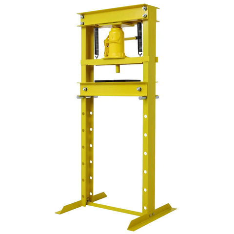 Tough As Nails 20 Ton Hydraulic Shop Press With Solid Steel H Frame Construction Perfect For Garage Mechanics Punching Out Old Bushings And Pressing New Bearings Without Breaking A Sweat In Classic Yellow, side view.