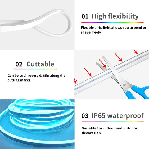 Image showing features of 32.8 Ft LED Neon Lights With Remote App Control, IP65 Waterproof Flexible RGB Neon Strip Lights, highlighting flexibility, cuttability, and waterproof qualities.