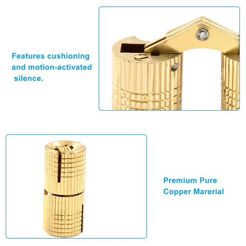 Close-up of Hidden Brass Barrel Hinges Set 12mm 12 Piece Concealed Cabinet Hardware with 180 Degree Opening, showing premium copper material.