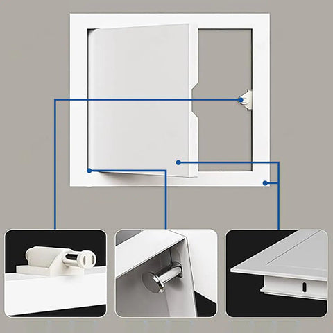 Heavy Duty Fire Rated Drywall Access Panel For Smooth Swing Plumbing And Maintenance Walls Hella Sturdy Galvanized Steel Frame Quick Click Latch White Concealed Hatch Door Cover 30 By 30 Inch showing latch and hinges.
