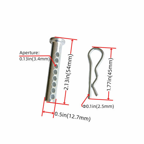 Beefy Go To Heavy Duty Adjustable Clevis Pin With Eight Hole Design And R Clip Lock Kit, Spring Steel Galvanized, dimensions labeled
