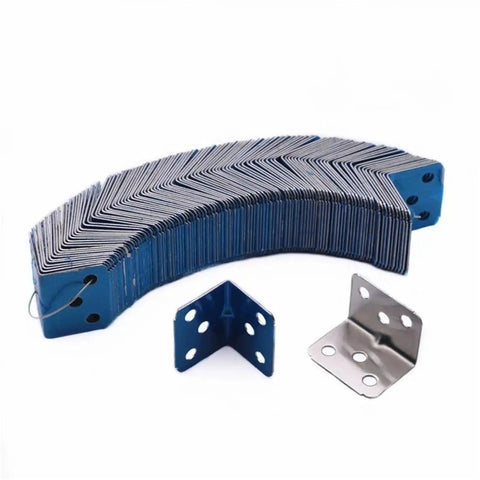 Heavy Duty Stainless Steel L Brackets 100Pcs Right Angle Corner Bracket For Furniture Reinforcement And Woodworking Joints showcasing brackets stacked and a pair of connectors.