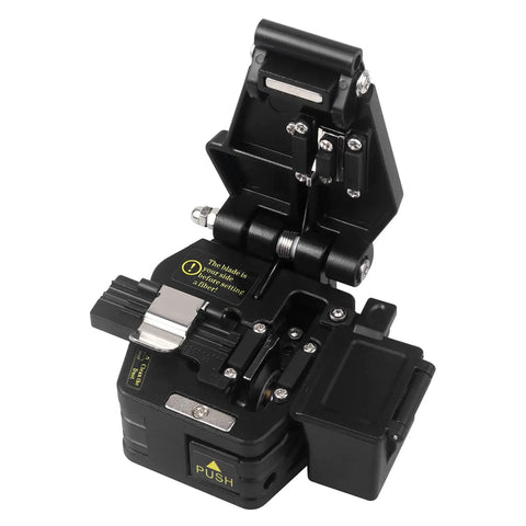 Close-up of Three In One FTTH Fiber Cleaver with Auto Scrap Collector, Tungsten Steel Blade, Portable Metal Cutter for precise fiber cutting.