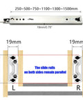 Diagram of heavy duty 3 fold full extension drawer slide with lock side mount for tool cabinets, dimensions in mm.