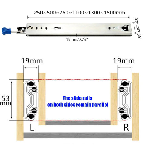 Diagram of heavy duty 3 fold full extension drawer slide with lock side mount for tool cabinets, dimensions in mm.