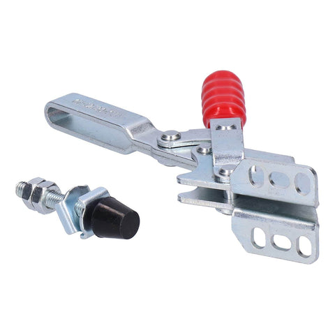 Toggle Clamp 230Kg Hold Down Clamp for Woodworking Jigs and Fixtures, iron frame with red handle and plastic reinforcement.