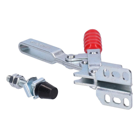 Heavy Duty Toggle Clamp Keeping Workpieces Locked Down Tight With Rock Solid Grip And Five Oh Seven Pound Clamping Force Adjustable Spindle Hold Down Hand Clamp For Woodworking Jigs Fixtures Drill Press And Welding Table side view of metal clamp with red handle and adjustable mount