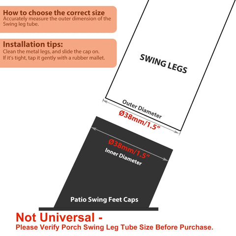 Diagram showing Anti Slip Patio Swing Foot Caps For 1.5 Inch Diameter Leg Tubes with size instructions and installation tips.