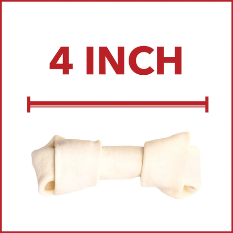 4 inch American Beefhide Knotted Bones Dog Chew Treats shown with measurement line