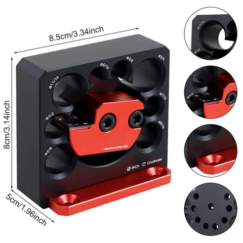 No Hassle Adjustable Dowel Maker Jig Kit With Eight Size Options From 5/16 To 3/4 Inch, aluminum build, precision holes.