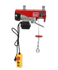 Heavy Duty 1763 Lbs Electric Winch Hoist With 39 Foot Lift Height And Pure Copper Motor Perfect For Warehouse Jobs And Garage Work That Needs Real Power To Move Stuff, showing hoist with remote.