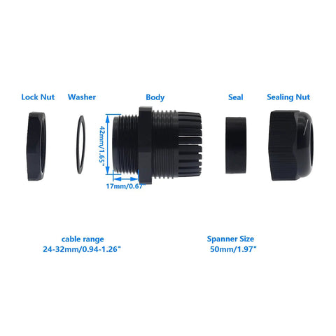 1-1/4 Inch NPT Strain Relief Nylon Cord Grip Kit exploded view with lock nut, washer, body, seal, sealing nut components shown