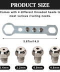 DIY Friendly Pro Grade Rivet Gun Adapter Kit With Drill Attachment, 4 Head Set 2.4mm 3.2mm 4.0mm 4.8mm, product heads and wrench