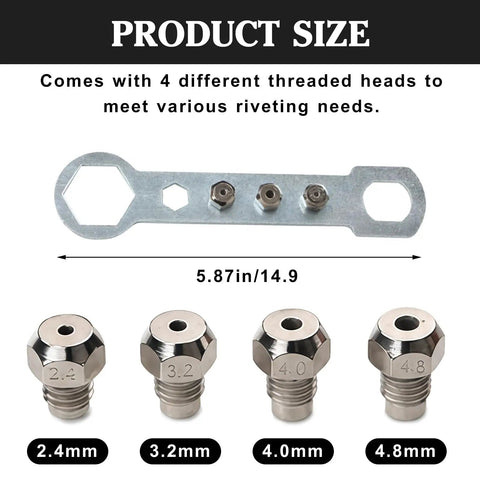 DIY Friendly Pro Grade Rivet Gun Adapter Kit With Drill Attachment, 4 Head Set 2.4mm 3.2mm 4.0mm 4.8mm, product heads and wrench