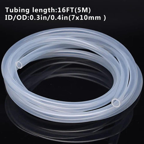 Clear PVC Tubing 7x10mm IDOD 16 Feet Long for aquarium, garden, and industrial use, coiled on black surface