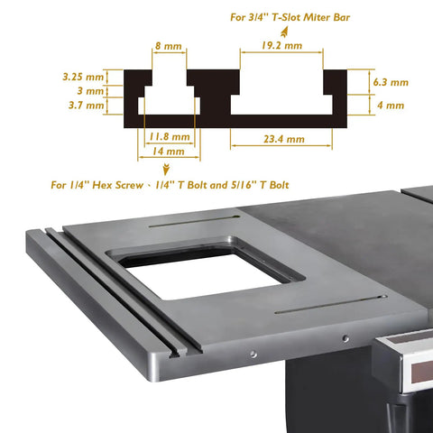 Dead Flat Cast Iron Router Table Extension Wing, 27 By 16 Inches, shown with T-slot dimensions for accurate setup.