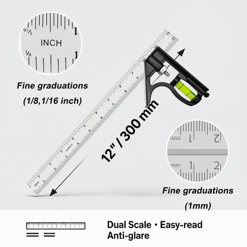 Close-up of 12 Inch Heavy Duty Combination Square With Integrated Vial Level And Dual Metric Imperial Ruler Scales showing fine graduations.