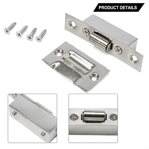Stainless Steel Cabinet Door Catch Roller Latch for Cabinets and Cupboards, no fuss install with screws shown, quiet roller tension visible.