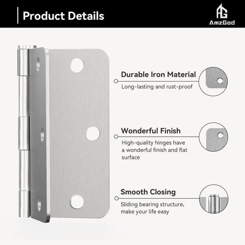 Top Shelf Interior Door Hinges In Brushed Nickel With Rounded Corners Solid Iron Residential Hardware three-inch hinge close-up.