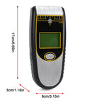 Hyuduo Digital Stud Finder Wall Scanner 7-in-1 (Silver) showing dimensions and control panel features.
