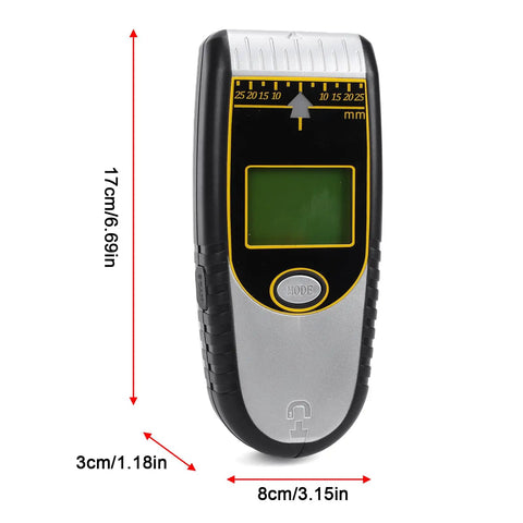 Hyuduo Digital Stud Finder Wall Scanner 7-in-1 (Silver) showing dimensions and control panel features.