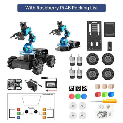 Robotic arm kit with Raspberry Pi 4B; two blue arms on a black 4WD Mecanum chassis with motors and components.