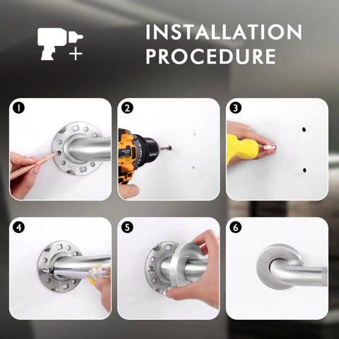 Installation procedure steps for 12 Inch Shower Grab Bar Heavy Duty 304 Stainless Steel Handrail Anti Slip Wall Mount.