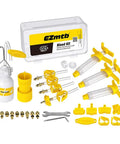 All-In-One Hydraulic Disc Brake Bleed Kit for Most Bike Brakes, Compatible With Shimano Sram Magura TEKTRO Hope Avid Formula Hayes and More, Includes Adapters Funnels and Connectors for Quick Clean Bleeding displayed with components
