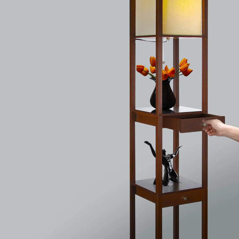Maxwell Drawer Edition Shelf Floor Lamp With Drawer For Corner Display In Living Room Bedroom And Office Havana Brown Finish Warm White LED Bulb Energy Saving Long Lasting Modern Dope Space Saver For Any Room