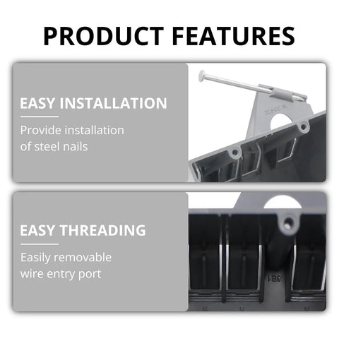 Hassle Free 3 Gang Pvc Nail On Electrical Box With Built In Living Hinges For Straight Line Wiring No Knockout Headaches 44 Cubic Inch Volume Two Hour Fire Rated EtL Certified New Work Outlet Gray Single Pack product features showing easy installation and easy threading.