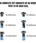60 Pcs 6 32 Flat Head Screws Kit For Red Dot Sights, Tough Alloy Steel Hardened Grade 12.9 Black Finish, Lengths 5mm 5.5mm 8.55mm 9.5mm 10.8mm 12.3mm, Includes 10 Of Each Size, Built For ARs And Handguns.