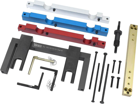 Pro Grade Timing Vanos Camshaft Alignment Locking Tool Kit For BMW 2.5 3.0 N51 N52 N53 N54 N55 S55 Engines Including 3 Series 328i Crankshaft Flywheel Alignment Tool, includes various metal tools.