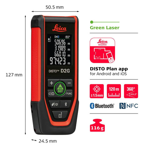 Disto D2G Laser Distance Meter For Pros With 390 Ft Range Green Beam Bluetooth NFC Data Transfer Smart Horizontal Add Subtract Volume 30 Measurement Memory Four Line Display Intelligent End Piece Hand Loop Pouch IP54 Indoor Use, 127 mm