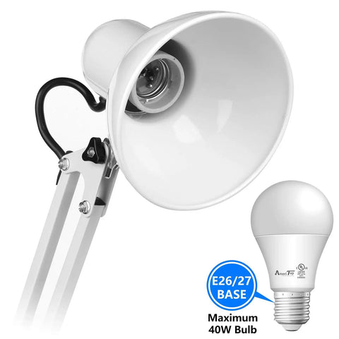 White metal desk lamp with swing arm and clamp on base, shown with E26 bulb, Metal Desk Lamp With Swing Arm And Clamp On Base Two In One Desk Or Clip On Light For Bedroom Study Or Office Eye Caring Reading Lamp For Late Night Tasks And Focused Work Surface Up To Two Inches Wide.