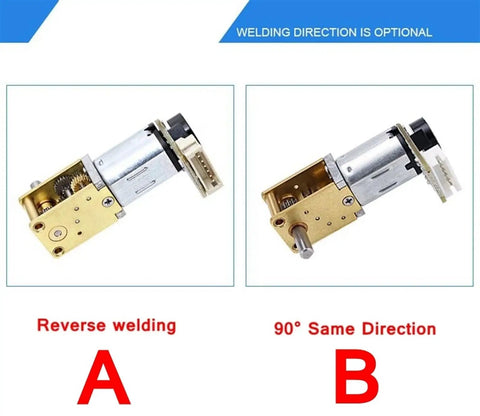 High Performance Gw12-N20 Micro Gear Motor With Abrupt Encoder Output For Robotic Arms And Automation Projects Featuring Stable Low Speed DC Operation At 3 Or 6 Volts To Power Your DIY Builds Effortlessly, showing options for reverse welding and 90° same direction.