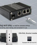 3 Port PoE Plus Gigabit Fiber Ethernet Switch Mini Unmanaged Network Switch with SFP, DIN rail installation visible