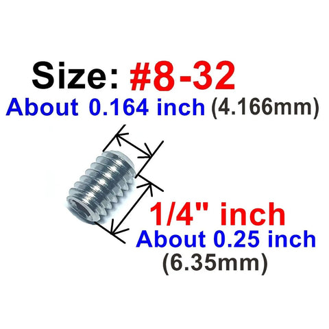 Close-up of 50-Piece 8-32 X 1/4 Inch Stainless Steel Allen Head Set Screws With 5/64 Inch Allen Wrench showing size.