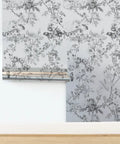 Premium Floral Toile Cottage Wallpaper With Glamorous Silver Metallic Finish Eco Friendly PVC Free Wall Covering showing floral pattern in grey.