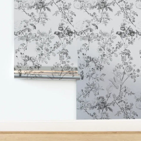 Premium Floral Toile Cottage Wallpaper With Glamorous Silver Metallic Finish Eco Friendly PVC Free Wall Covering showing floral pattern in grey.