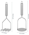 Two Pack Stainless Steel Potato Masher Set With Zigzag Wire And Flower Shaped Hole Heads, dimensions shown.