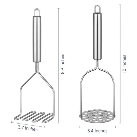 Two Pack Stainless Steel Potato Masher Set With Zigzag Wire And Flower Shaped Hole Heads, dimensions shown.
