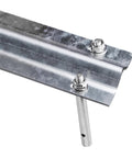 Close-up of galvanized inverted sliding door track with expansion bolts, 12 ft rail for sliding doors and driveway gates.
